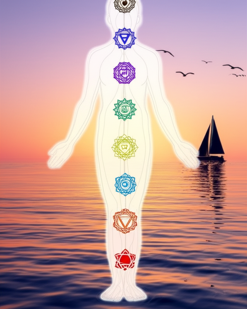 Seven chakras aligned in meditation